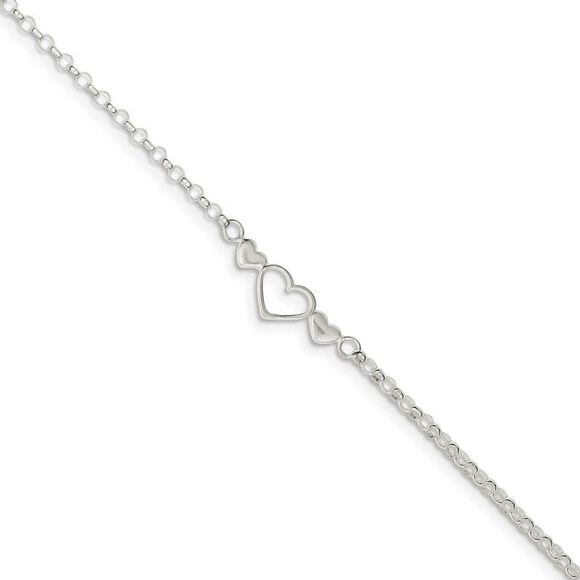 Sterling Silver Adjustable Triple Heart Anklet, 9-10 Inch - Picture 1 of 4